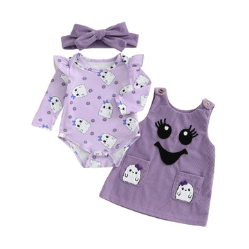 MQTIME  -  Toddler Boy Halloween Costume Pumpkin Print Short Sleeve Romper Embroidery Overalls Hat Set for Party Dress Up